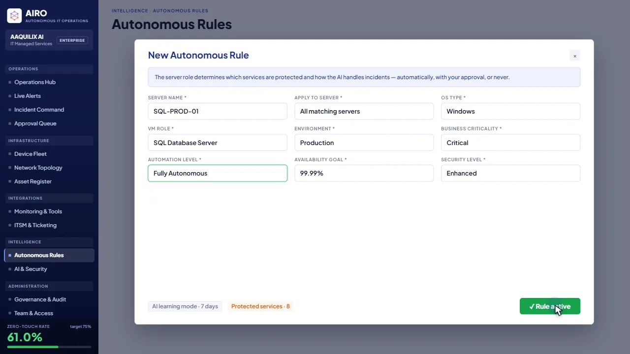 The autonomous rules screen, where each class of action is set to run alone, ask for approval, or stay off